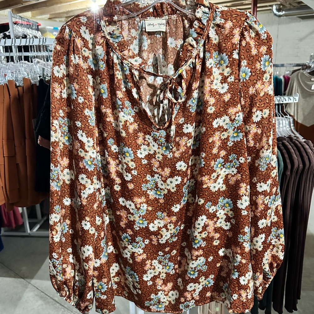 Lovely Melody Rust and Blue Floral Blouse